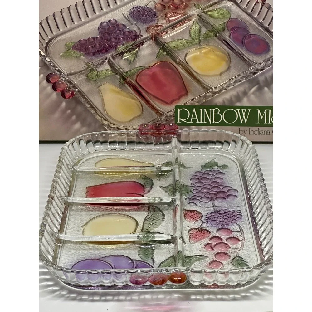 VTG Indiana Glass Rainbow Mist 5 Part Relish Tray Fruit Frosted Clear Platter